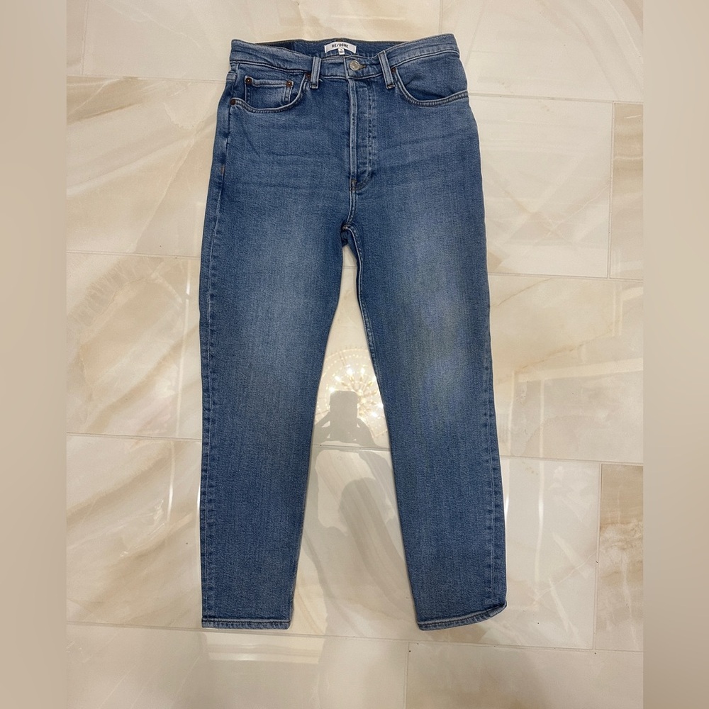 RE/DONE Jeans High Rise Denim Medium Blue Straight Leg Size 27. Buttonfly